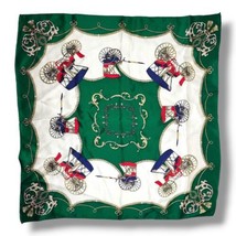 Vintage Scarf Green Silk Horse Carriage &amp; Bridles French Style Square 20”  - £14.92 GBP