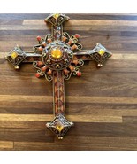 Vintage Estate Copper Tone Fancy Cross Pendant w/ Red &amp; Yellow Stones - €81,16 EUR