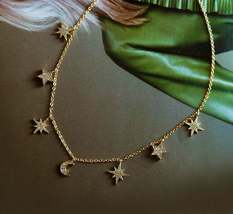 Diamond Paved Star/Moon/Sun- 7 Charm Celestial Necklace in 18K Yellow Gold Over - £77.18 GBP