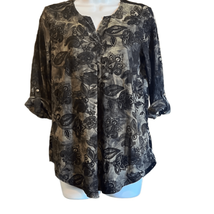 Chances R Womens Black Tan Floral Burnout Roll Tab Sleeve Blouse Shirt Top - £9.52 GBP