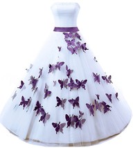 Kivary Strapless A Line White and Purple Butterfly Pearls Long Prom Gowns Weddin - £125.14 GBP