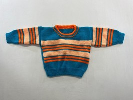 Hand Knitted Boys Long Sleeve Sweater Crew Neck Blue Orange Striped - £7.90 GBP