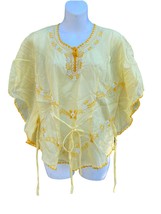 Vintage Y2K sheer batwing yellow embroidered flutter top blouse M cottagecore - £21.02 GBP