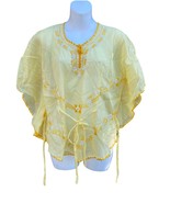 Vintage Y2K sheer batwing yellow embroidered flutter top blouse M cottag... - $26.72