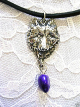 New Usa Pewter Wolf Head Face W Purple Gemstone Nugget Adj Necklace Wild Wolves - £11.08 GBP