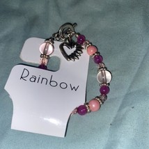 Rainbow 7” Pink Beaded Bracelet With Heart Charm - £3.67 GBP