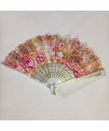 Decorative Folding Fan Fabric Floral Pattern Pink With Gold Glitter - $363.73 MXN
