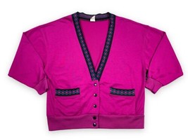 Vtg 70s Jantzen Magenta Pink Aztec Snap Cardigan Jacket Diamond Black Trim USA M - £21.77 GBP