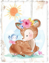 Watercolor Art Print Baby Deer Blue bird Sunshine and Flowers Nursery Dé... - £21.53 GBP