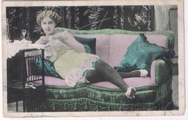 Postcard Lady Lounging On Love Seat Sofa Petticoat - $6.92