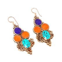 Tibetan Turquoise Coral Lapis Lazuli Handmade Baho Earrings Nepali 2.70&quot; SA 2847 - £6.28 GBP