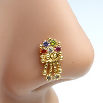 Indian Multicolor Dangle Gold Plated Fake Style Nose Stud CZ Push Pin - £11.25 GBP
