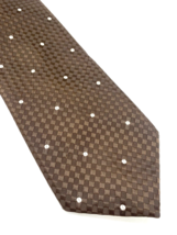 Wembley Tie Vtg 70s Brown Textured White Polka Dot on Checkerboard Pattern - £21.94 GBP