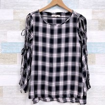 LOFT Plaid Tie Sleeve Tunic Top Black Pink Long Sleeve Casual Womens Small - $19.79