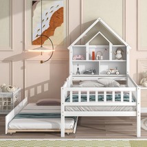 Twin Size House-Shaped Headboard with Fence Guardrails and Trundle - White - £279.31 GBP
