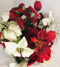 Vintage Lot of 3 Christmas Silk Floral POINSETTIA BUSHES Red, White red glitter  - £23.72 GBP