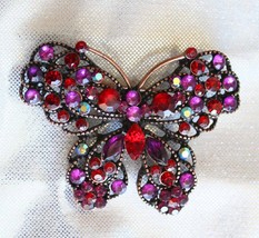 Fabulous Red &amp; Purple Rhinestone Copper-tone Butterfly Brooch - £11.76 GBP
