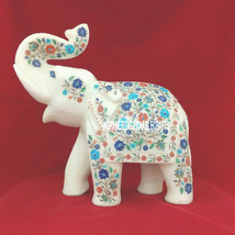 13&#39;&#39; Marble Elephant Trunk Up Fine Stone Multi Floral Inlay Beautiful Gift H3764 - £2,264.84 GBP