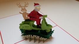 Christmas origami Handmade popup card, Santa &amp; Reindeer on scooter - £5.89 GBP
