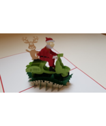 Christmas origami Handmade popup card, Santa &amp; Reindeer on scooter - $7.50