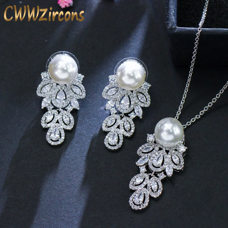 Fashion Brand Long Feather Dangle CZ Crystal Silver Plated Pearl Necklace Earrin - $29.47