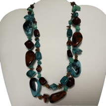 Statement Necklace Blue Brown Glass Beaded Double Strand Layered - £14.50 GBP