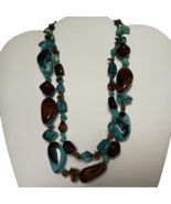 Statement Necklace Blue Brown Glass Beaded Double Strand Layered - £14.55 GBP