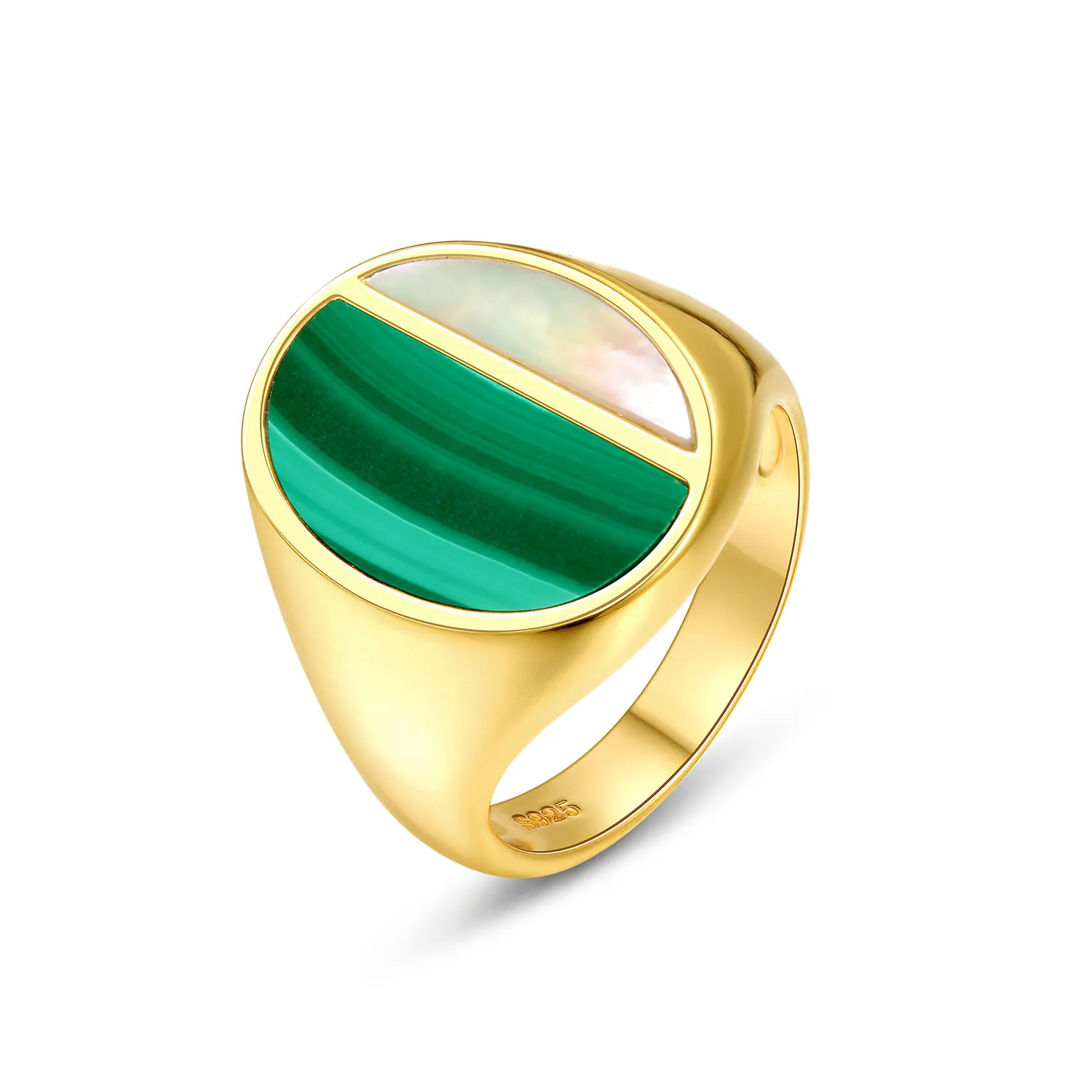 Natural Malachite Resizable Rings For Women 925 Sterling Silver Shell Pearls Gol - £55.88 GBP
