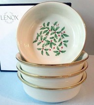 Lenox Holiday Gold 4 PC Small Fruit Dessert Bowl Holly Berry 1st Quality USA New - £90.14 GBP