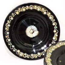Set of 6 Black Small Plates Lacquer Possible Mother of Pearl 4&quot; Vintage - $24.99