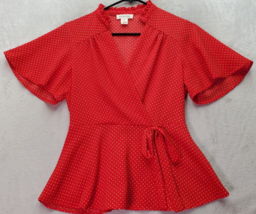 Monteau Blouse Women&#39;s Medium Red Polka Dot Short Sleeve Wrap V Neck Drawstring - £14.71 GBP