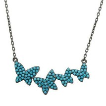 Sterling Silver Black Rhodium Graduated Turquoise Encrusted Butterfly Necklace - £33.03 GBP