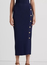 Lauren Ralph Lauren Women&#39;s Navy Blue Button Front Rib Knit Midi Skirt M NWOT - £43.33 GBP