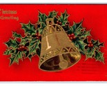 Agrifoglio Dorato Bell Rosso Campo Auguri di Natale Goffrato DB Cartolin... - $5.08
