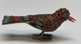 Tibetan Brass Turquoise And Red Coral Stone Jewel Encrusted Bird Figurin... - $19.80