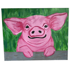 Pink Pig Painting 16”x 20” Farm Animal Barnyard Green Gray Acrylic - £23.73 GBP