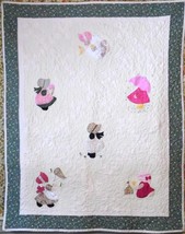 Sunbonnet Sue in Pinks and Cream with Green and Pink Border Handmade Quilt - £116.62 GBP