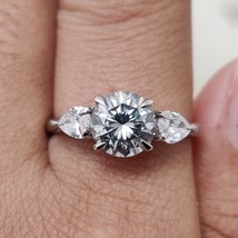7MM Gray Round Cut Moissanite Engagement Ring Side Pear Cut Two Lab Diamond 925  - £93.64 GBP