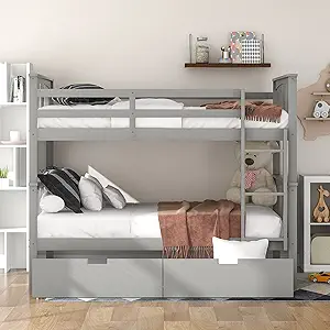 Full Over With Two Storage Drawers, Soild Wood Bunk Beds W/Ladder And Sa... - £573.29 GBP