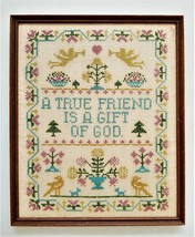 vintage SAMPLER cross stitch TRUE FRIEND GIFT OF GOD wood frame primitiv... - £37.93 GBP