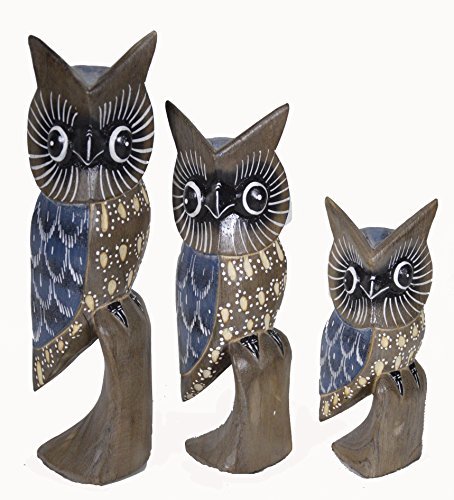 Primary image for Hand Carved Wood Family of 3 Blue and Gray Owls Decor Sculptures Design