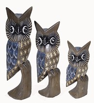 Hand Carved Wood Family of 3 Blue and Gray Owls Decor Sculptures Design - £16.96 GBP