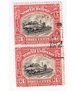 Stamps North Borneo 3 Cents Red Railroad Station Used Pair - $2.05