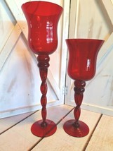 2 VTG Ruby Red Hand Blown Glass Hurricane Goblet Candle Holders Twisted Stems  - £42.71 GBP