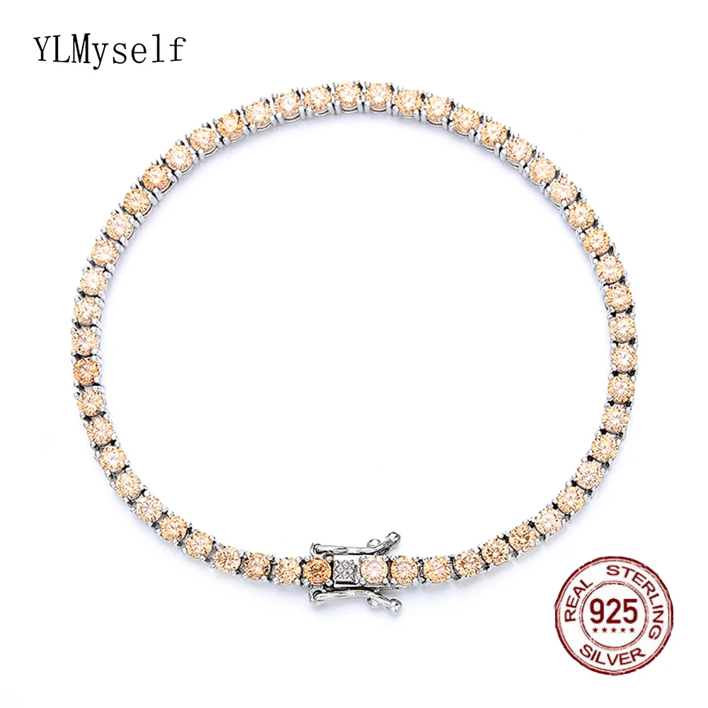 Solid Real 925 Silver Tennis Bracelet Pave 3 MM Champagne Zircon 16-19 CM Hip Ho - £75.18 GBP