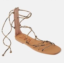 ZARA Snakeskin Print Lace up Gladiator Flat Sandals (Size 38/US 7.5) - £23.55 GBP