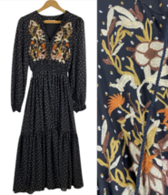 Rusttydustty Dress Maxi Black Floral Embroidered Boho Country Peasant Small - $39.29