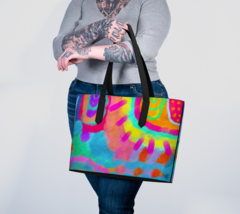 Abstract Digital Painting on Oversize Vegan Leather Tote Bag Shoulder Ba... - $98.00