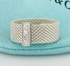 Size 3.5 Tiffany &amp; Co Somerset 4 Diamond Ring Mesh Weave in Sterling Silver - £488.16 GBP