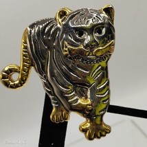 Large Vtg Tiger Cat Brooch Pin Pendant Gold Silver Tone Black Rhinestone... - £14.21 GBP